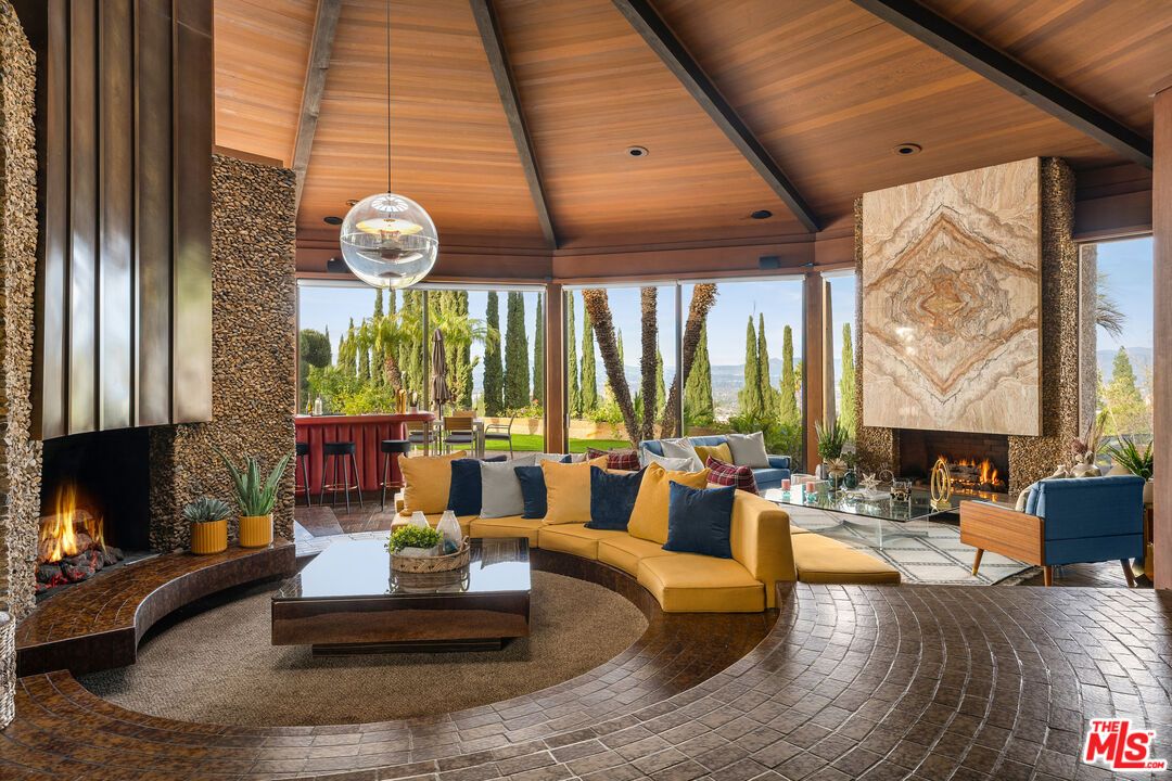 Fireplace, Interior, Living room, Pendant Lights, Recessed Lighting, Wooden Ceilings