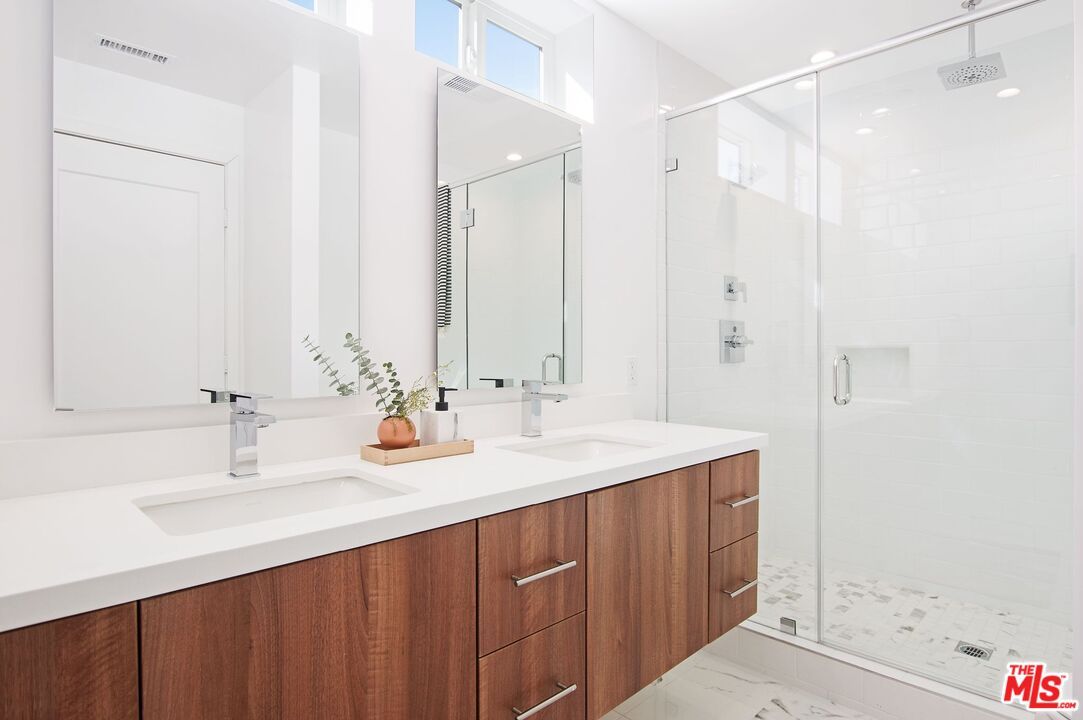 Bathroom, Dual Sink Vanities, Glass Shower, Interior, Marble, Recessed Lighting