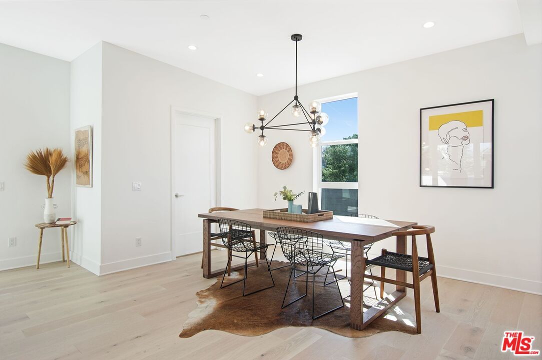 Dining room, Interior, Pendant Lights, Recessed Lighting, Wood Texture Flooring