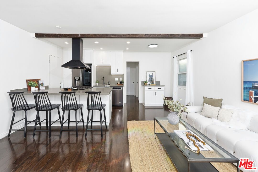 Interior, Kitchen, Living room, Recessed Lighting, Stainless Steel Appliances, Wooden Beams, Wood Texture Flooring