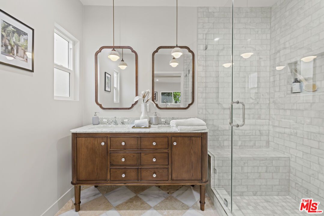 Bathroom, Dual Sink Vanities, Glass Shower, Interior, Pendant Lights
