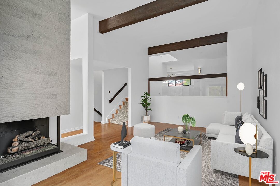 Fireplace, Interior, Living room, Pendant Lights, Wooden Beams, Wood Texture Flooring