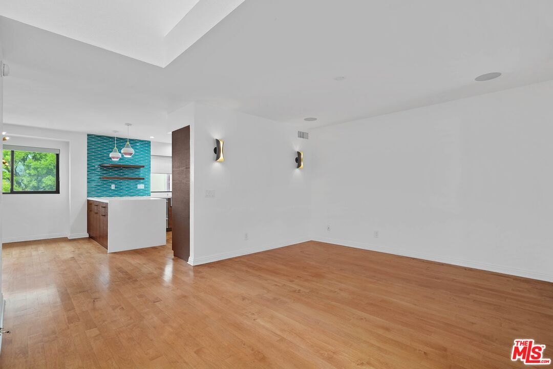 Empty room, Interior, Kitchen, Pendant Lights, Recessed Lighting, Wood Texture Flooring