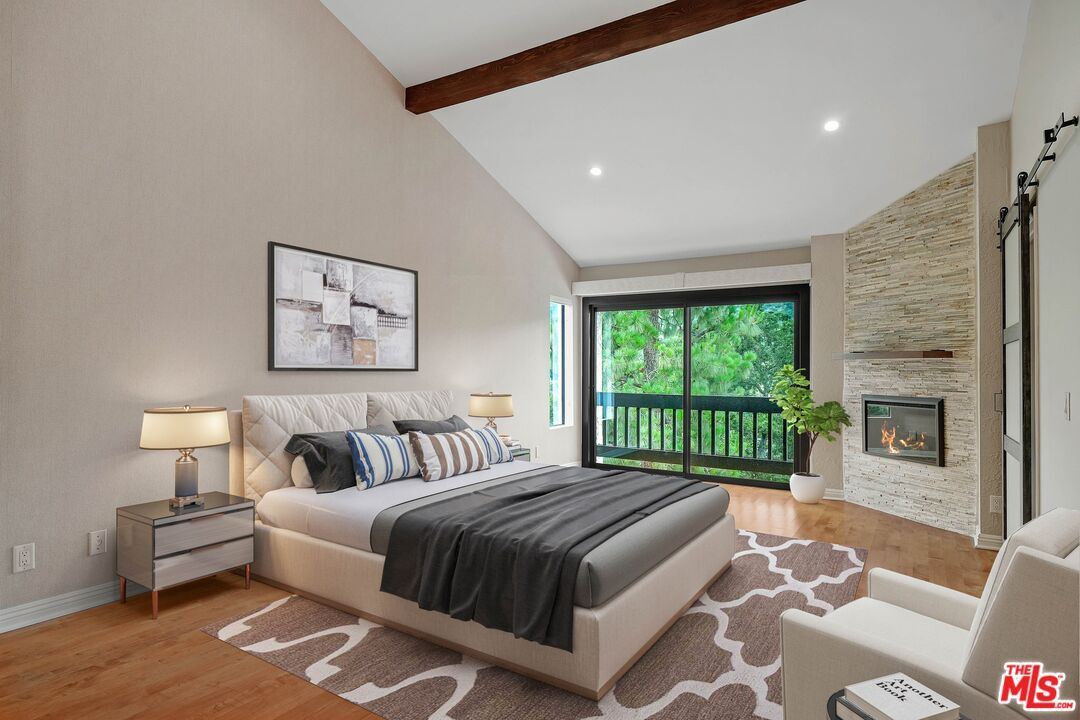 Bedroom, Fireplace, Interior, Recessed Lighting, Stone Walls, Wooden Beams, Wood Texture Flooring