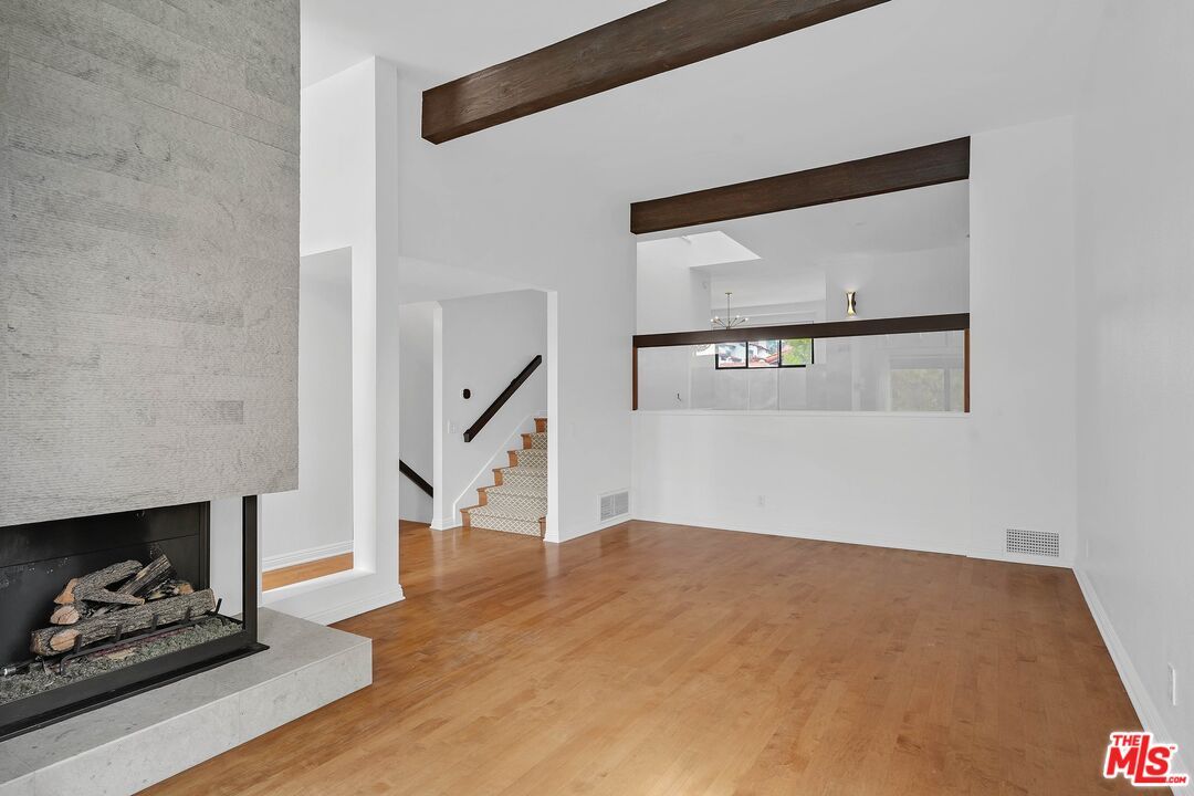 Empty room, Fireplace, Interior, Wooden Beams, Wood Texture Flooring