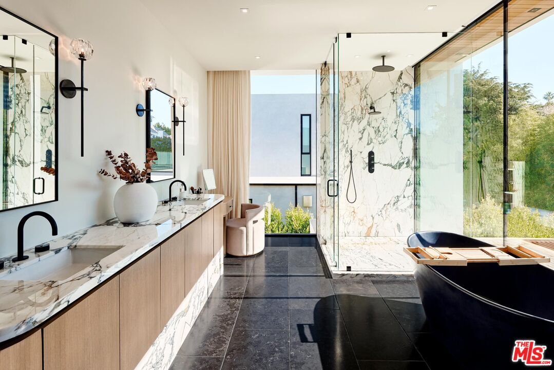 Bathroom, Dual Sink Vanities, Glass Shower, Interior, Marble Walls, Recessed Lighting