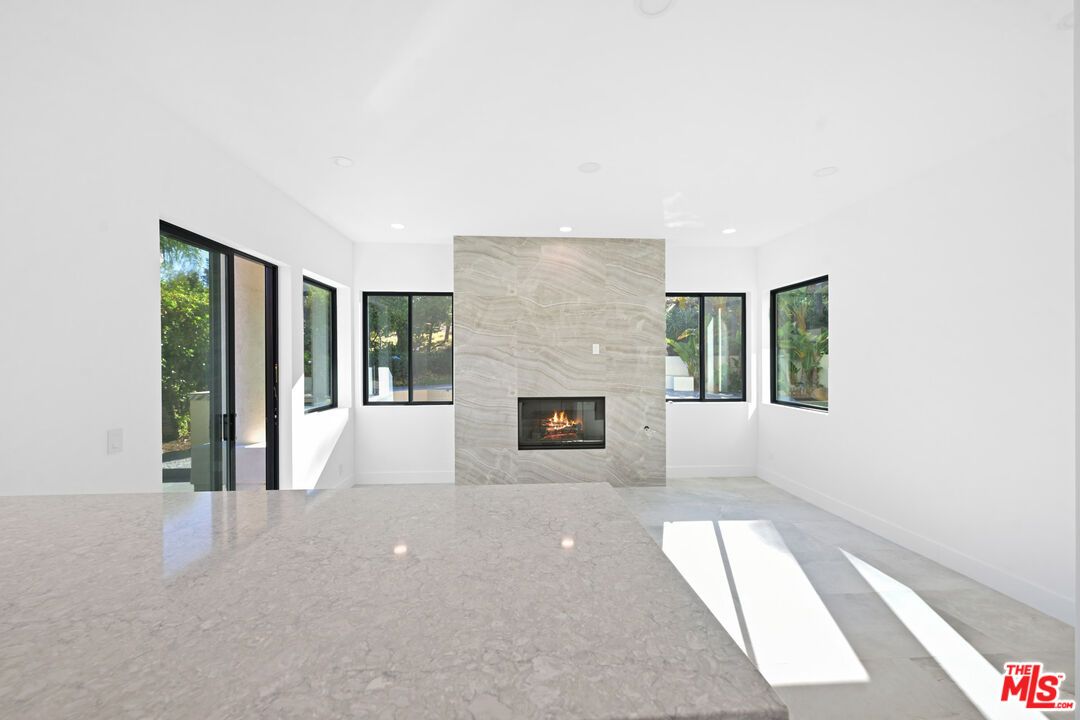 Empty room, Fireplace, Interior, Marble Walls, Recessed Lighting