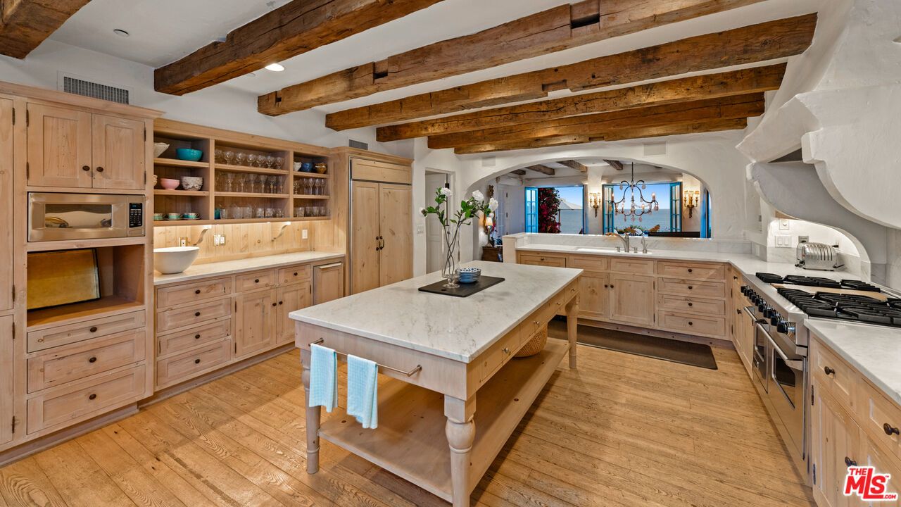 Chandelier, Interior, Kitchen, Recessed Lighting, Stainless Steel Appliances, Water, Wooden Beams, Wood Texture Flooring