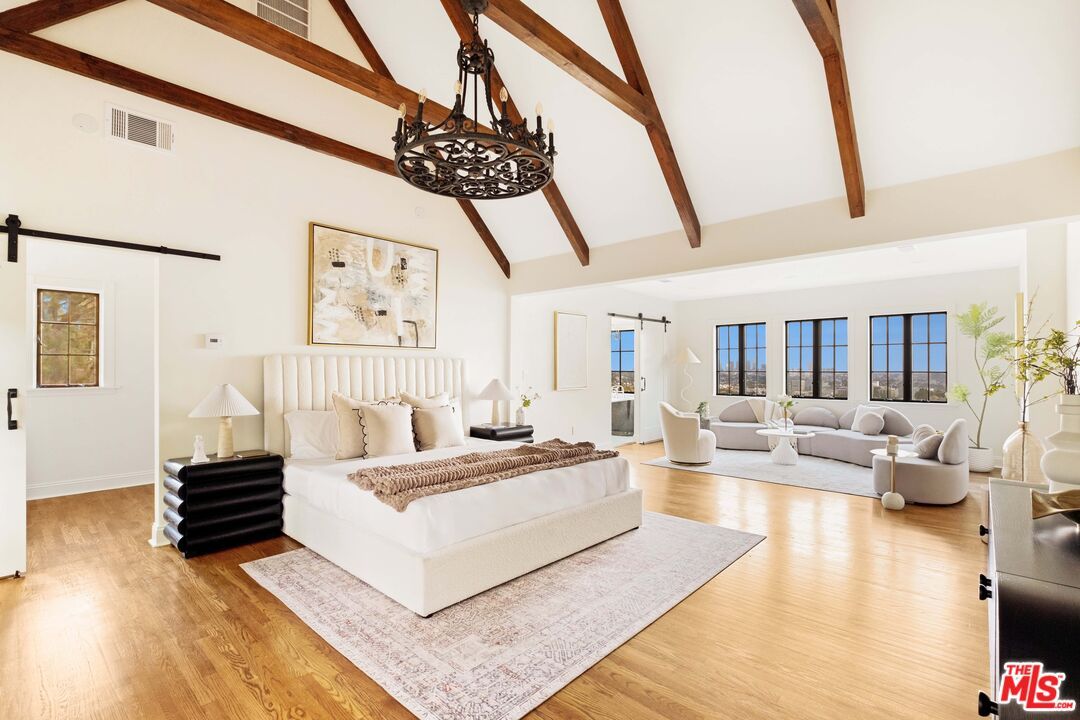 Bedroom, Chandelier, Interior, Living room, Wooden Beams, Wood Texture Flooring