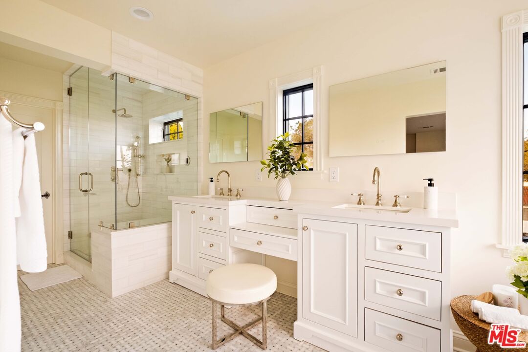 Bathroom, Dual Sink Vanities, Glass Shower, Interior, Recessed Lighting