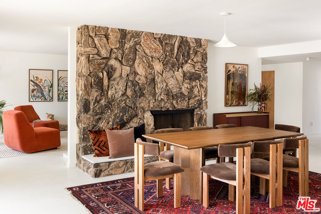 Dining room, Fireplace, Interior, Pendant Lights, Stone Walls