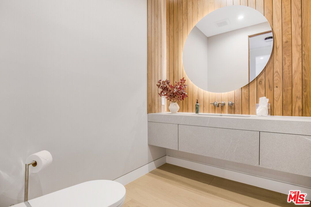 Bathroom, Interior, Recessed Lighting, Wood Texture Flooring, Wooden Walls