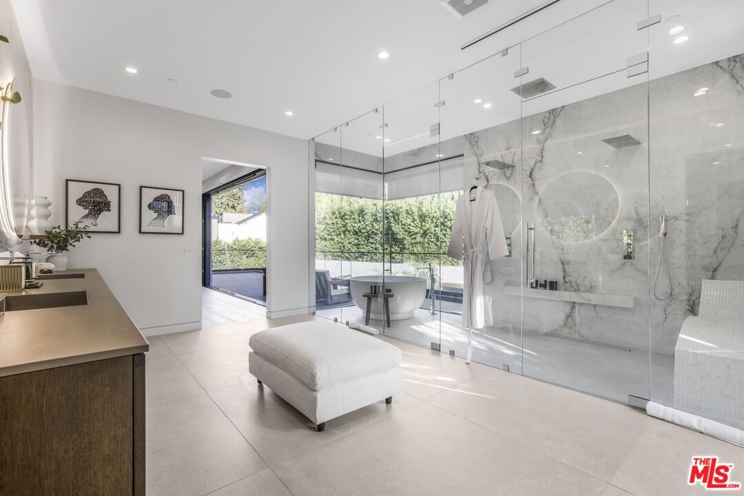 Bathroom, Free Standing Baths, Glass Shower, Interior, Marble Walls, Recessed Lighting