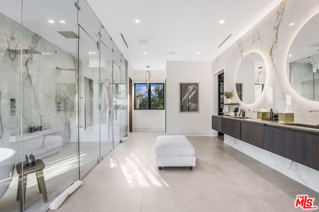 Bathroom, Dual Sink Vanities, Glass Shower, Interior, Marble Walls, Recessed Lighting