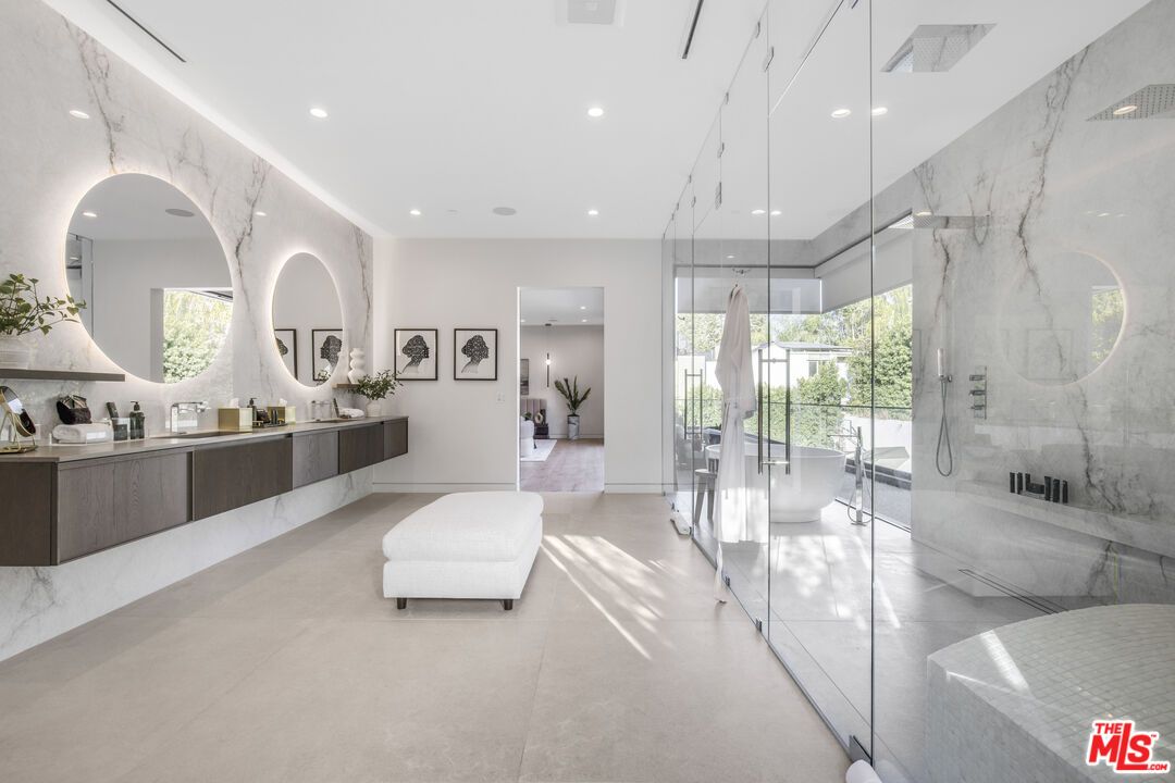 Bathroom, Glass Shower, Interior, Marble Walls, Recessed Lighting