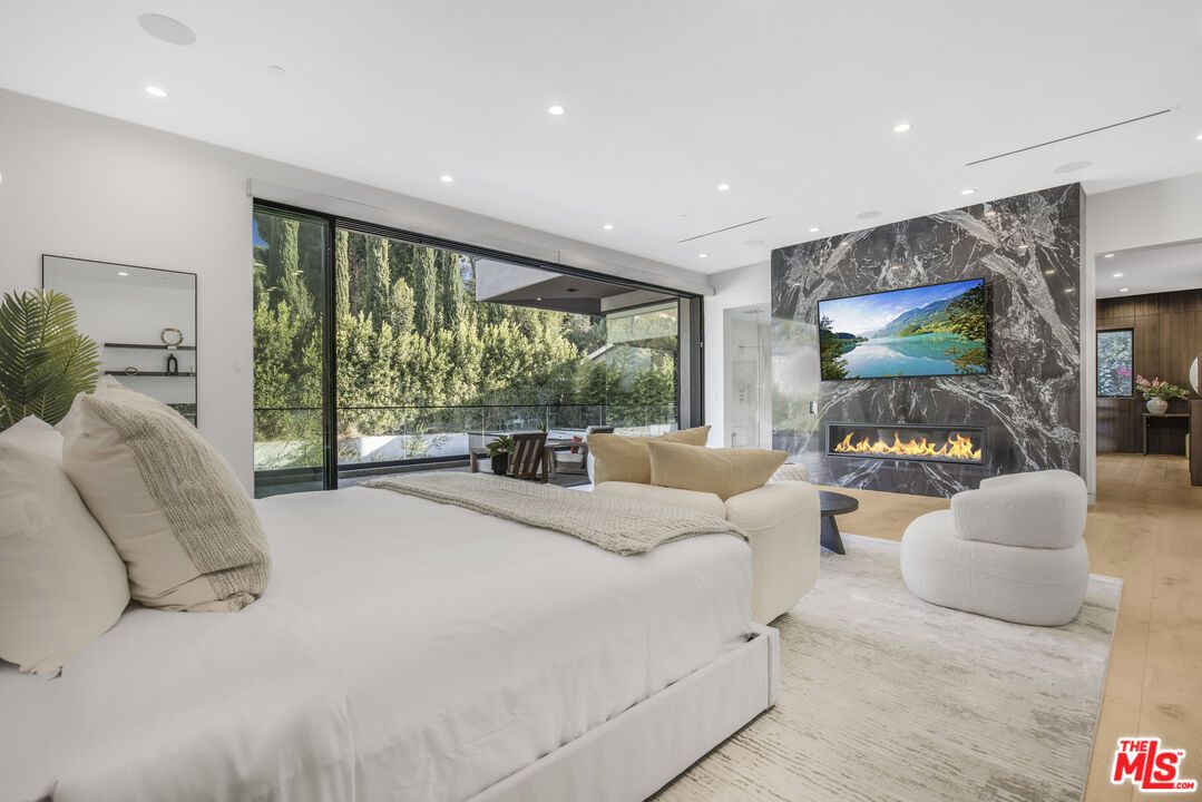 Bedroom, Fireplace, Interior, Marble Walls, Recessed Lighting, Wood Texture Flooring