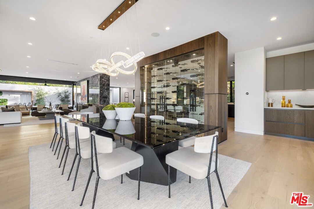 Dining room, Interior, Living room, Pendant Lights, Recessed Lighting, Wine Storage, Wood Texture Flooring