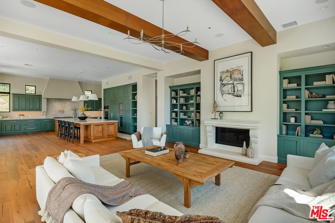 Fireplace, Interior, Kitchen, Living room, Pendant Lights, Recessed Lighting, Wooden Beams, Wood Texture Flooring