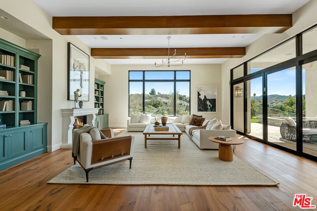 Fireplace, Interior, Living room, Recessed Lighting, Wooden Beams, Wood Texture Flooring