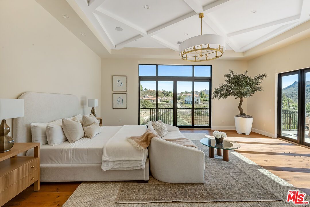 Bedroom, Chandelier, Interior, Recessed Lighting, Wood Texture Flooring