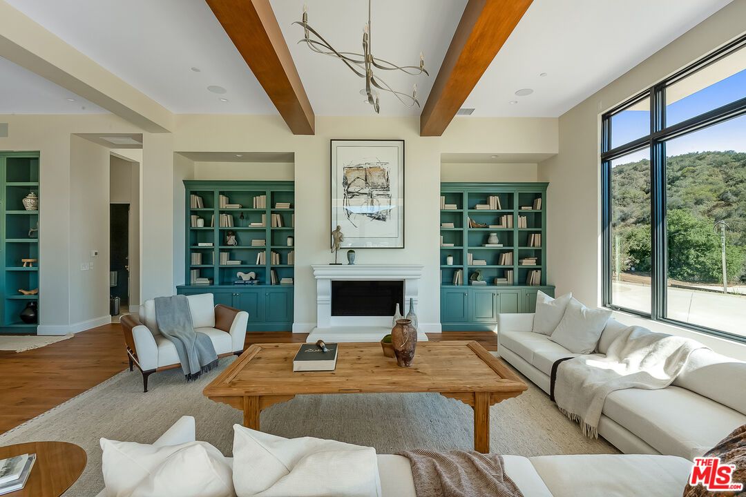 Fireplace, Interior, Living room, Recessed Lighting, Wooden Beams, Wood Texture Flooring