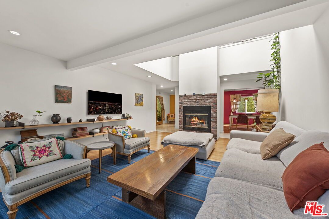 Fireplace, Interior, Living room, Recessed Lighting, Wood Texture Flooring