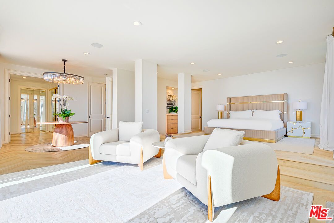 Bedroom, Chandelier, Interior, Recessed Lighting, Wood Texture Flooring