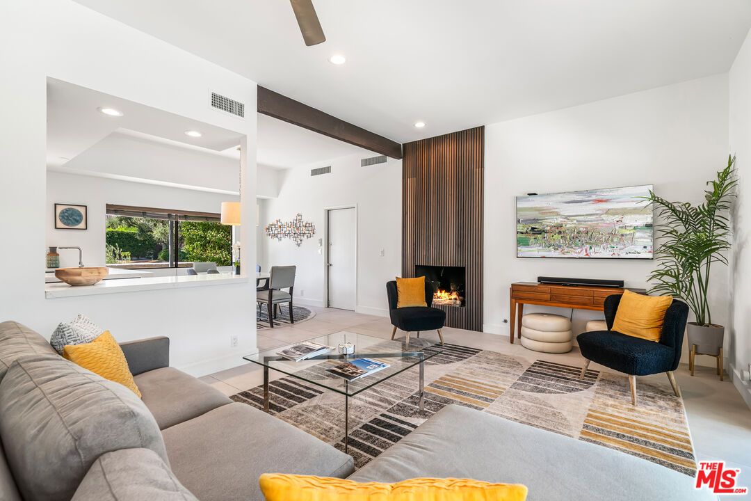Dining room, Fireplace, Interior, Living room, Recessed Lighting, Wooden Beams