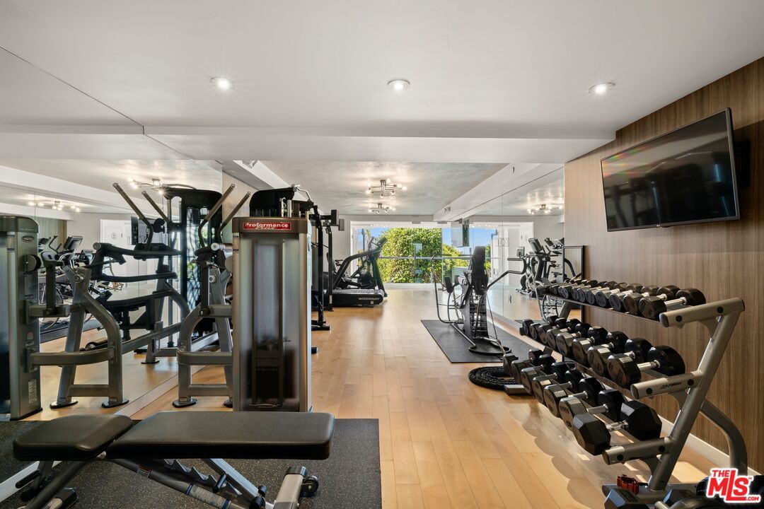 Fitness Equipment, Gym, Interior, Recessed Lighting, Wood Texture Flooring