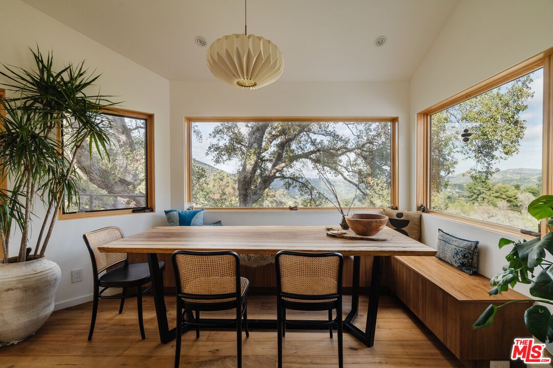 Dining room, Interior, Pendant Lights, Wood Texture Flooring