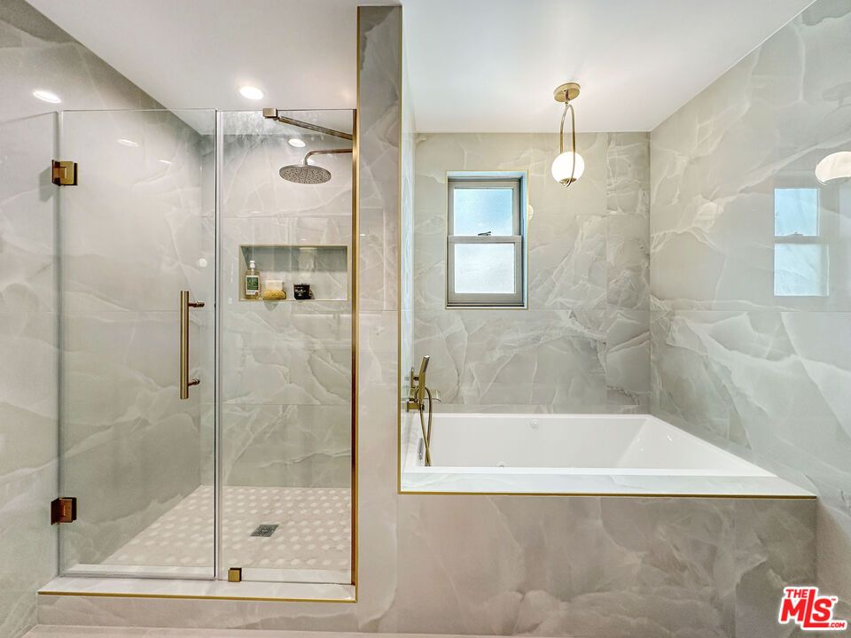 Bathroom, Glass Shower, Interior, Marble Walls, Pendant Lights, Recessed Lighting