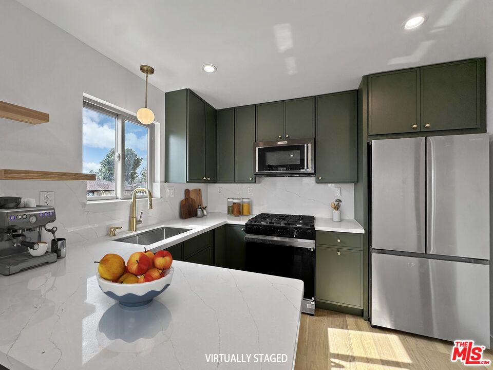 Interior, Kitchen, Pendant Lights, Recessed Lighting, Stainless Steel Appliances, Wood Texture Flooring