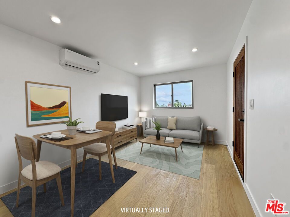 Dining room, Interior, Living room, Recessed Lighting, Wood Texture Flooring