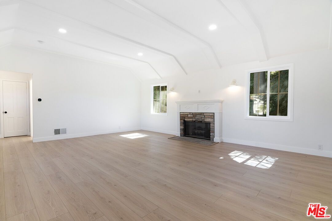 Empty room, Fireplace, Interior, Recessed Lighting, Wood Texture Flooring