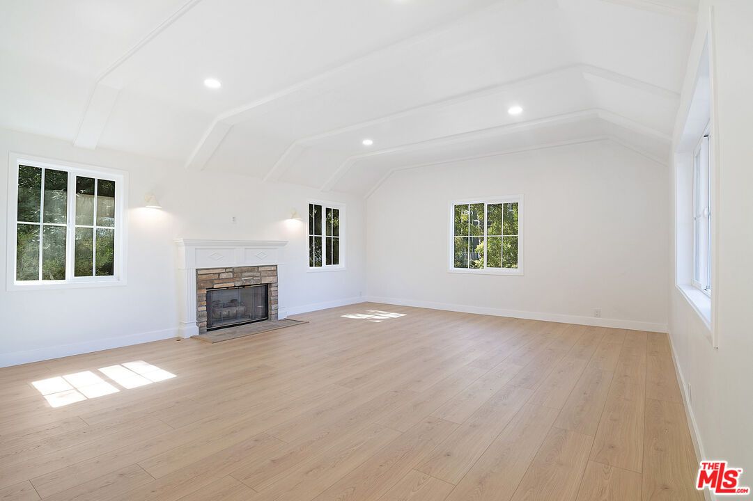 Empty room, Fireplace, Interior, Recessed Lighting, Wood Texture Flooring