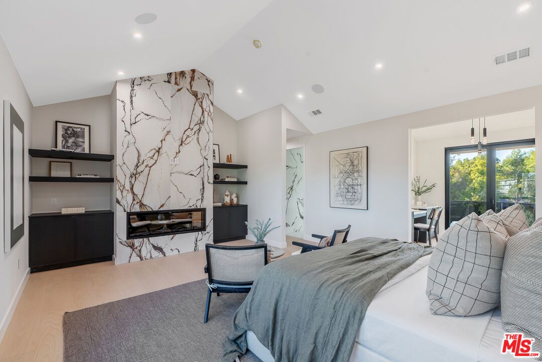 Bedroom, Interior, Marble Walls, Recessed Lighting, Wood Texture Flooring