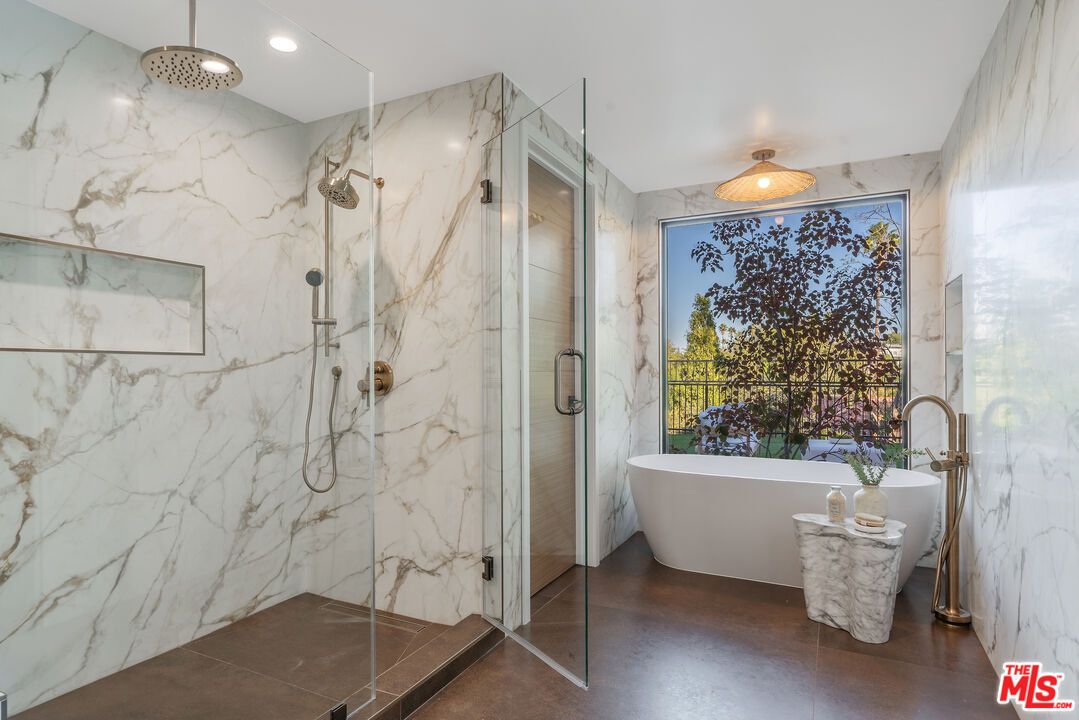 Bathroom, Free Standing Baths, Glass Shower, Interior, Marble Walls, Recessed Lighting