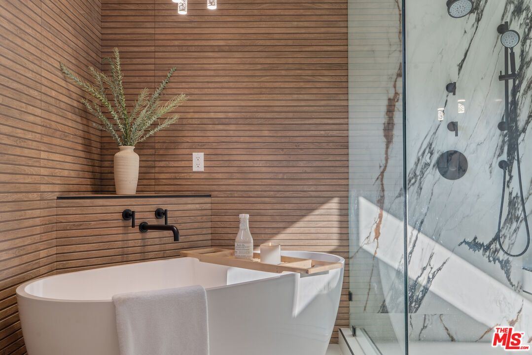 Bathroom, Free Standing Baths, Glass Shower, Interior, Wooden Walls