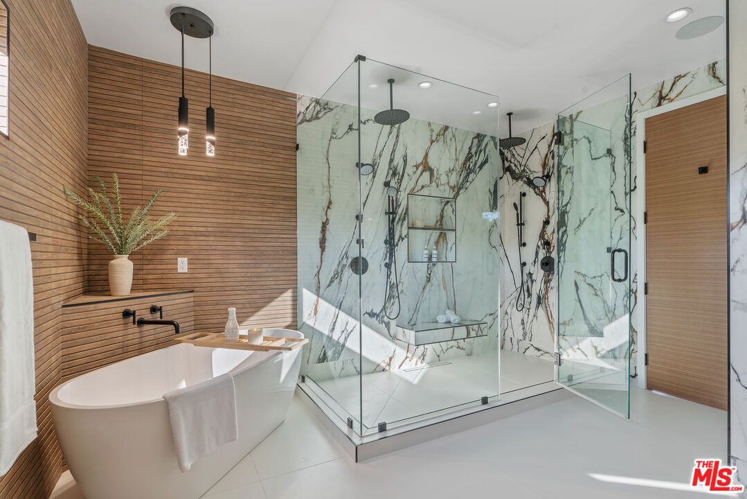 Bathroom, Free Standing Baths, Glass Shower, Interior, Marble Walls, Pendant Lights, Recessed Lighting, Wooden Walls