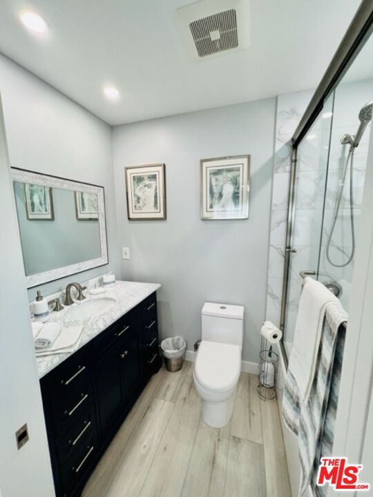 Bathroom, Glass Shower, Interior, Recessed Lighting, Wood Texture Flooring