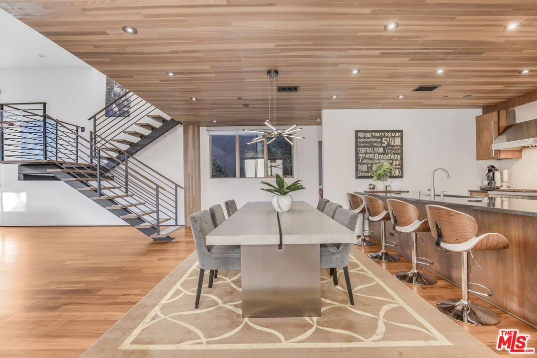 Dining room, Interior, Pendant Lights, Recessed Lighting, Wooden Ceilings, Wood Texture Flooring