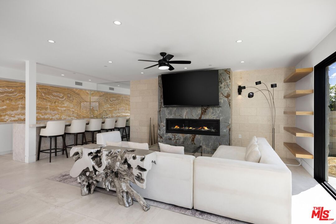 Fireplace, Interior, Living room, Recessed Lighting, Stone Walls