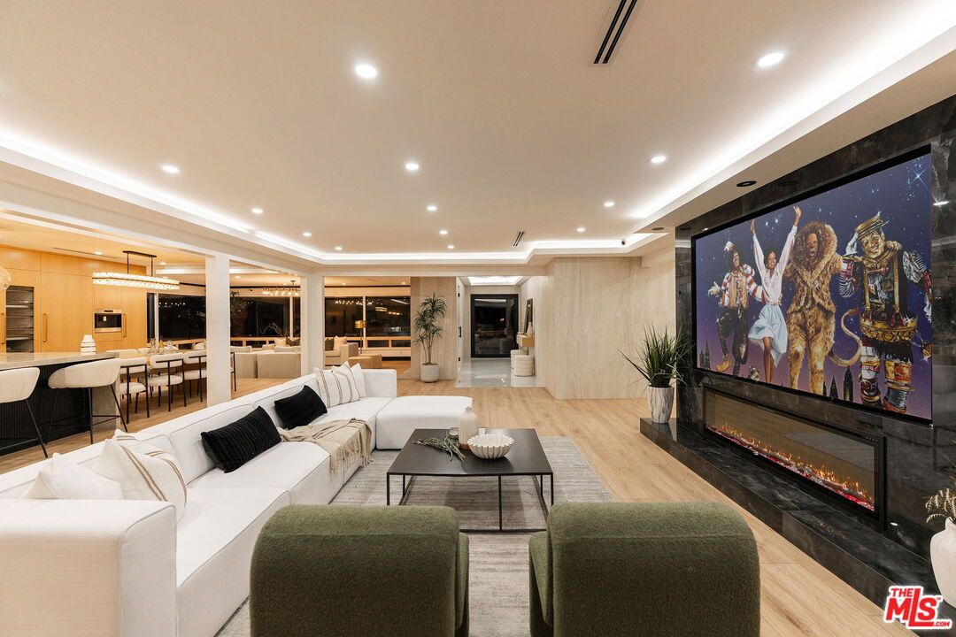 Dining room, Fireplace, Interior, Kitchen, Living room, Pendant Lights, Recessed Lighting, Wood Texture Flooring