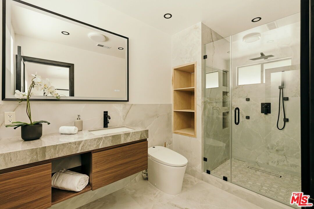 Bathroom, Glass Shower, Interior, Marble Walls, Recessed Lighting
