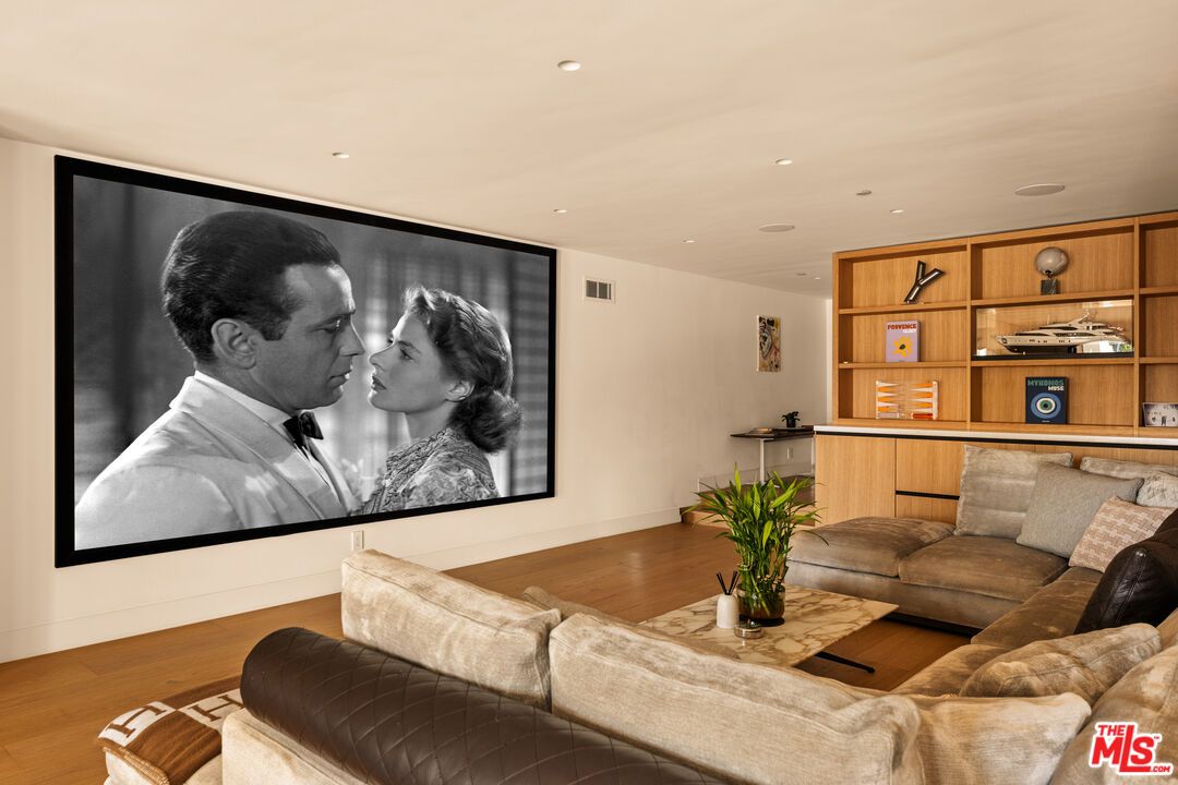 Interior, Living room, Projection Screen, Recessed Lighting, Wood Texture Flooring