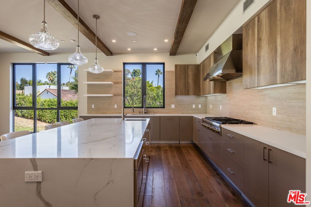 Interior, Kitchen, Pendant Lights, Recessed Lighting, Stainless Steel Appliances, Wooden Beams, Wood Texture Flooring