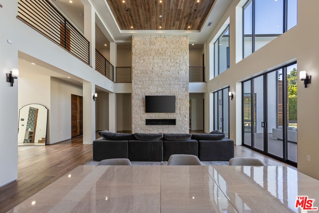 Fireplace, Interior, Living room, Recessed Lighting, Wooden Ceilings, Wood Texture Flooring