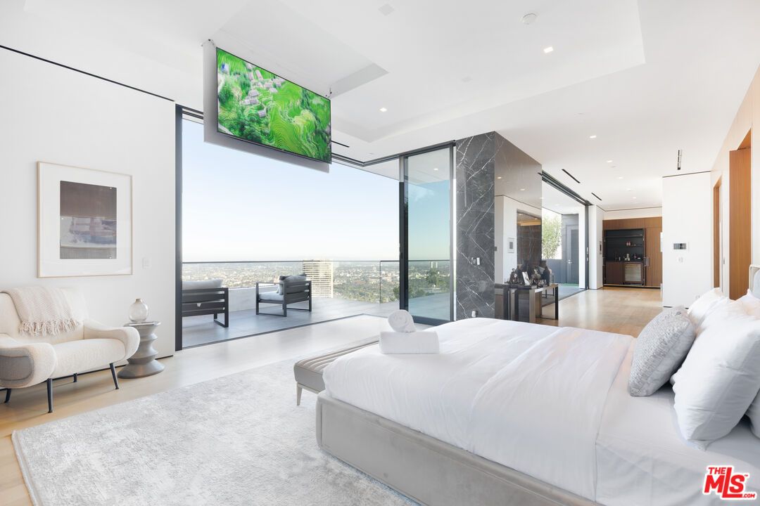 Bedroom, Interior, Marble Walls, Recessed Lighting, Wood Texture Flooring