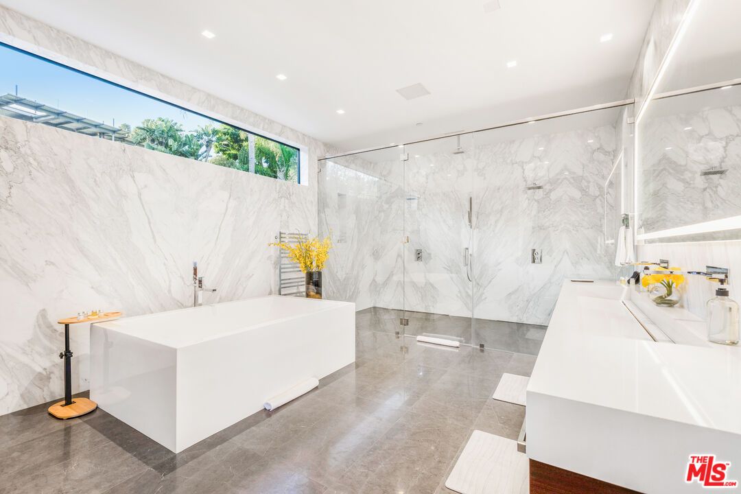 Bathroom, Dual Sink Vanities, Glass Shower, Interior, Marble Walls, Recessed Lighting