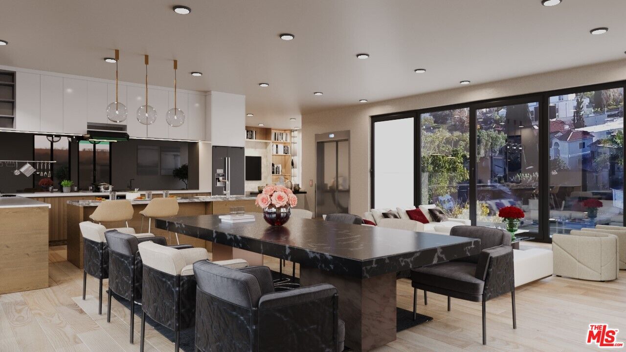 Dining room, Interior, Kitchen, Pendant Lights, Recessed Lighting, Wood Texture Flooring
